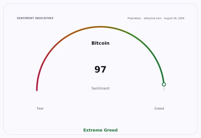 Bitcoin sentiment gauge dial showing an 'Extreme Greed' reading of 97.