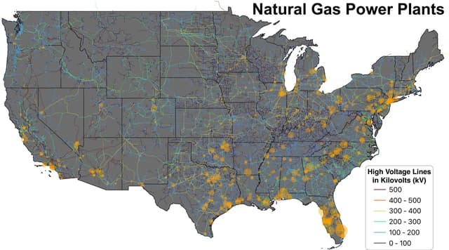 Map showing natural gas power plants and electrical transmission lines across the United States.