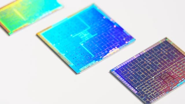 Close-up view of three distinct silicon GPU dies on a white surface.