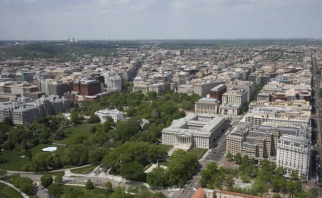 Aerial view of downtown Washington, D.C. including the White House, and Willard Hotel.