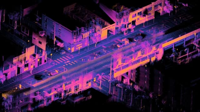 Lidar point cloud image of an urban intersection in San Francisco.