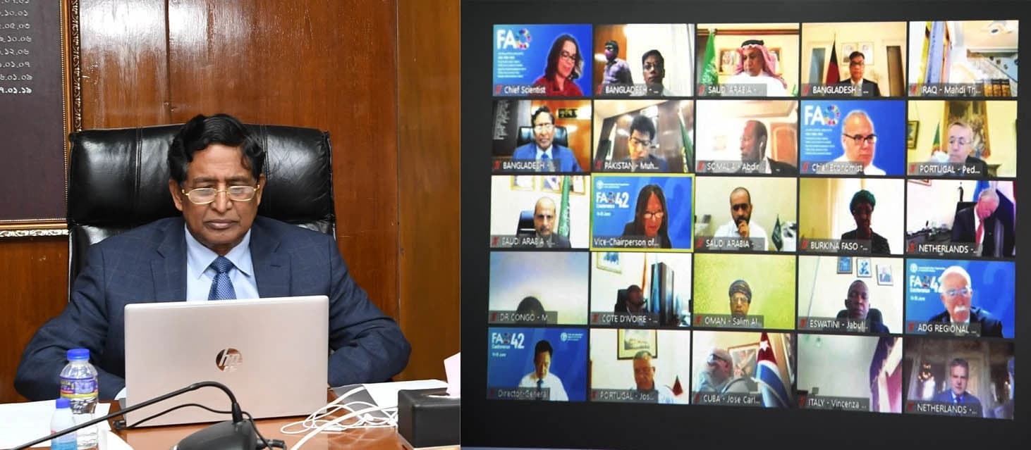 Abdur Razzaque, Bangladesh Minister, sits at a desk looking at a laptop during a virtual conference.