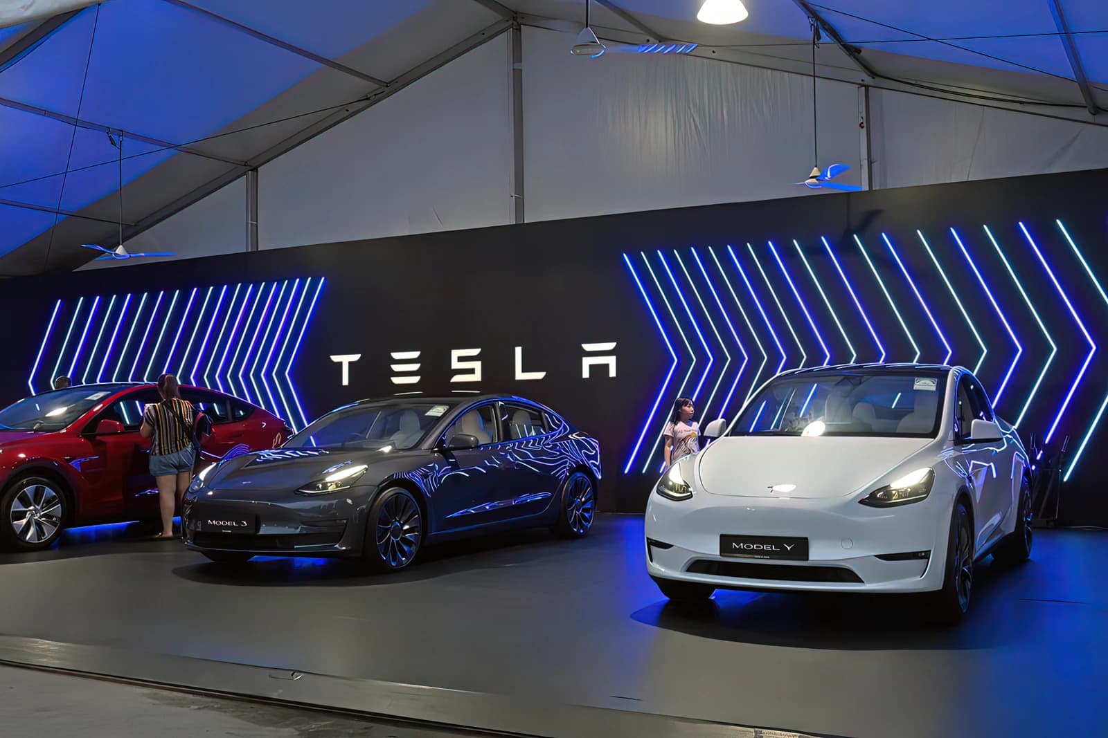 Several Tesla Model 3 and Model Y vehicles on display under blue neon lights.