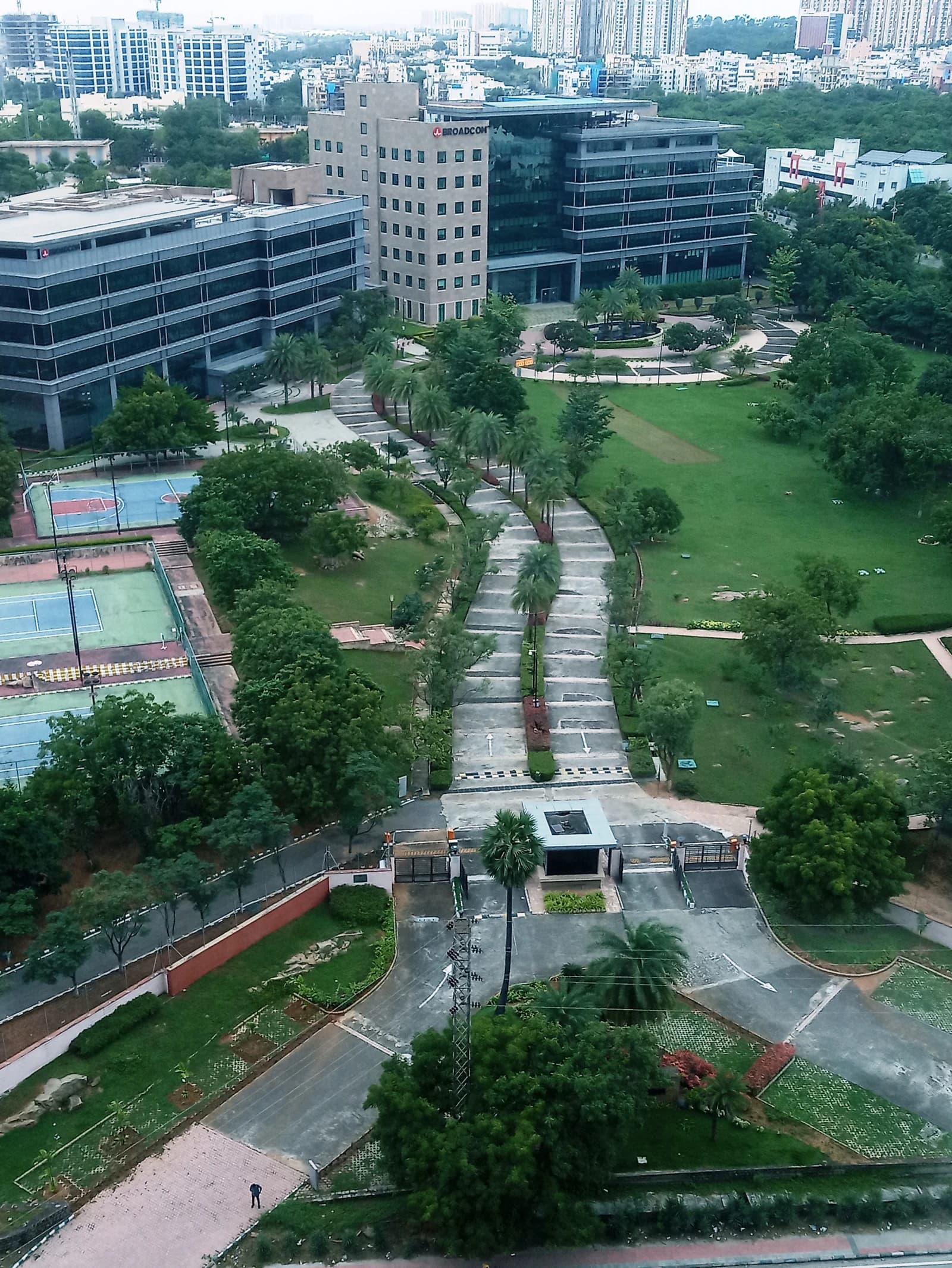 An aerial view of the Broadcom office campus and surrounding landscape.