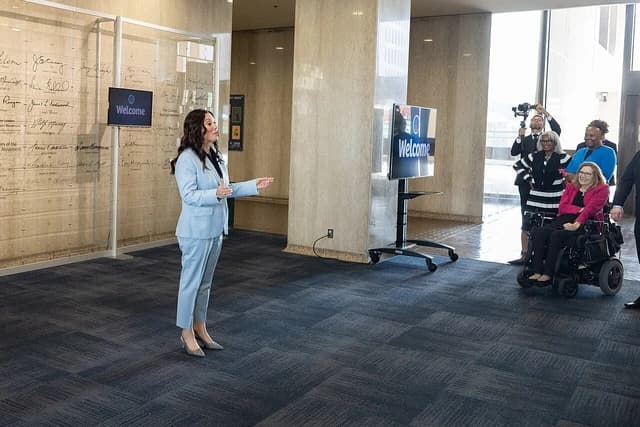 US Secretary of Labor Lori M. Chavez-DeRemer speaks to staff at the US Department of Labor.