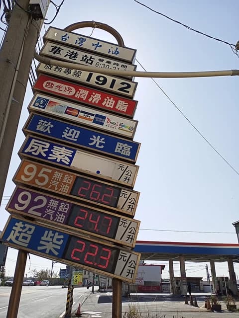 Digital display board showing gasoline and diesel prices in Taiwanese Yuan per liter at a gas station.