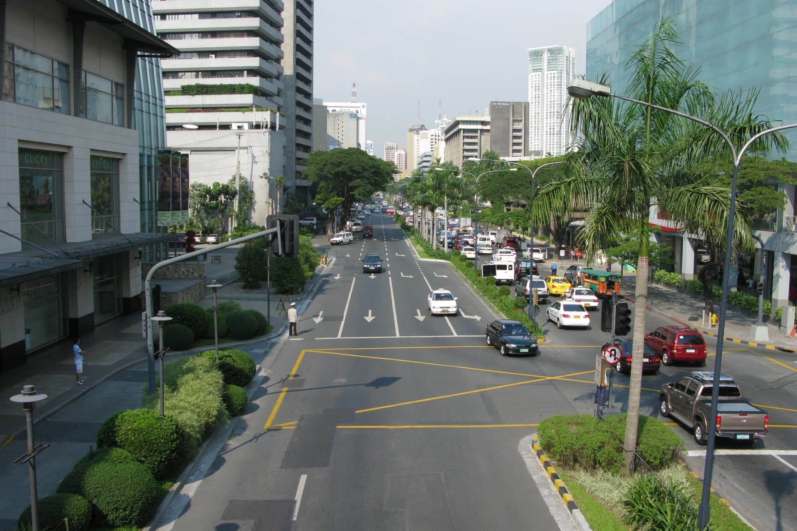 Vehicles drive on a wide street lined with buildings and palm trees in Makati Central Business District.