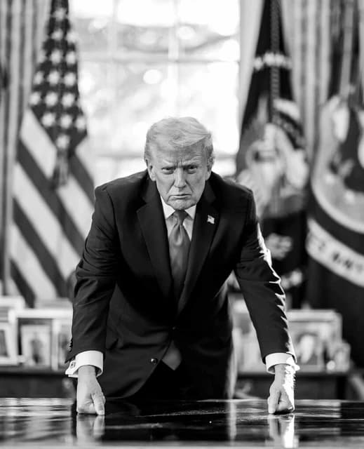 Donald Trump, former President, leaning on a table in an office setting.