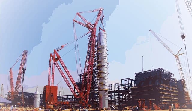Construction cranes lift a massive crude distillation column at the Dangote Refinery.