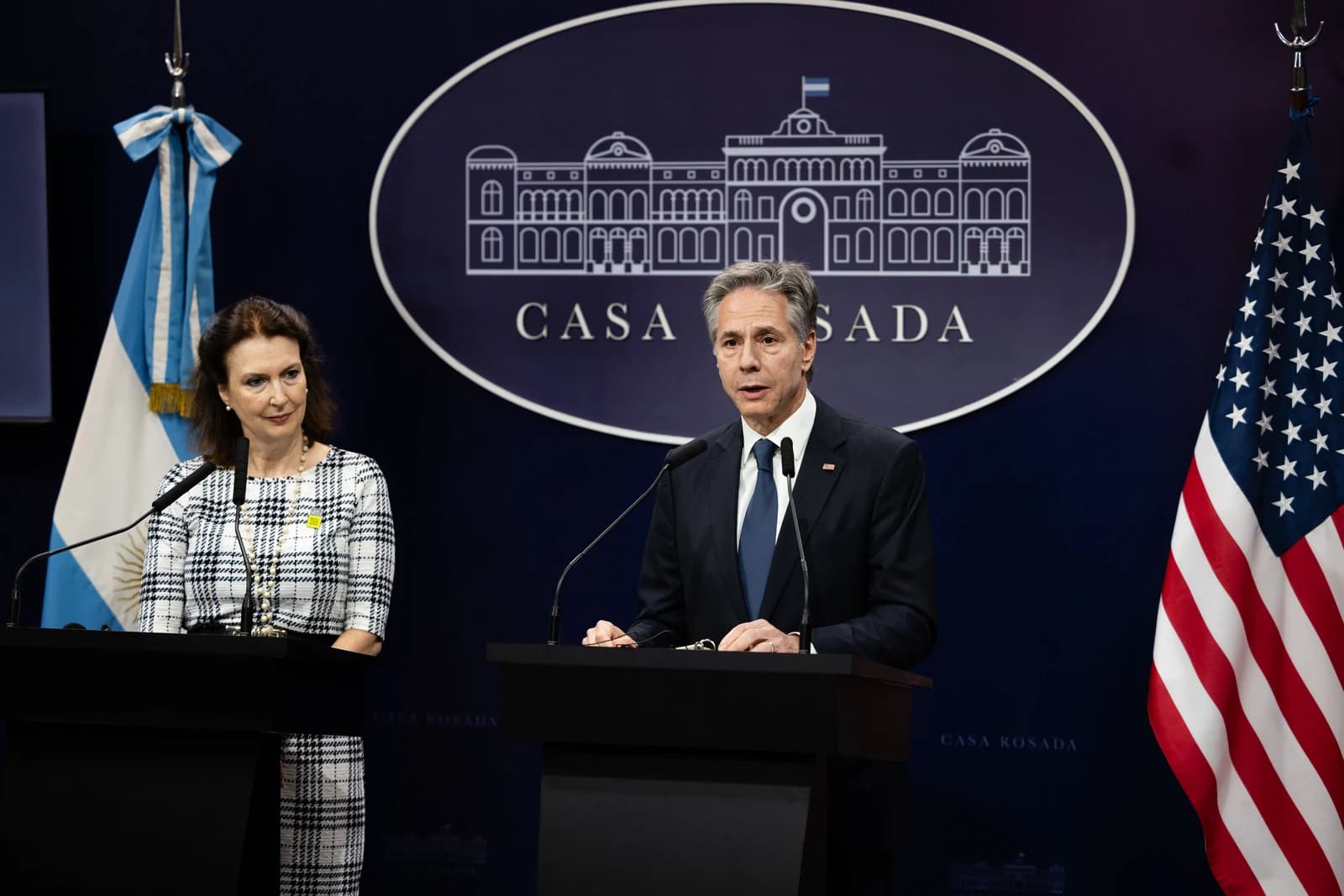 Antony Blinken, U.S. Secretary of State, speaks at a podium with microphones.