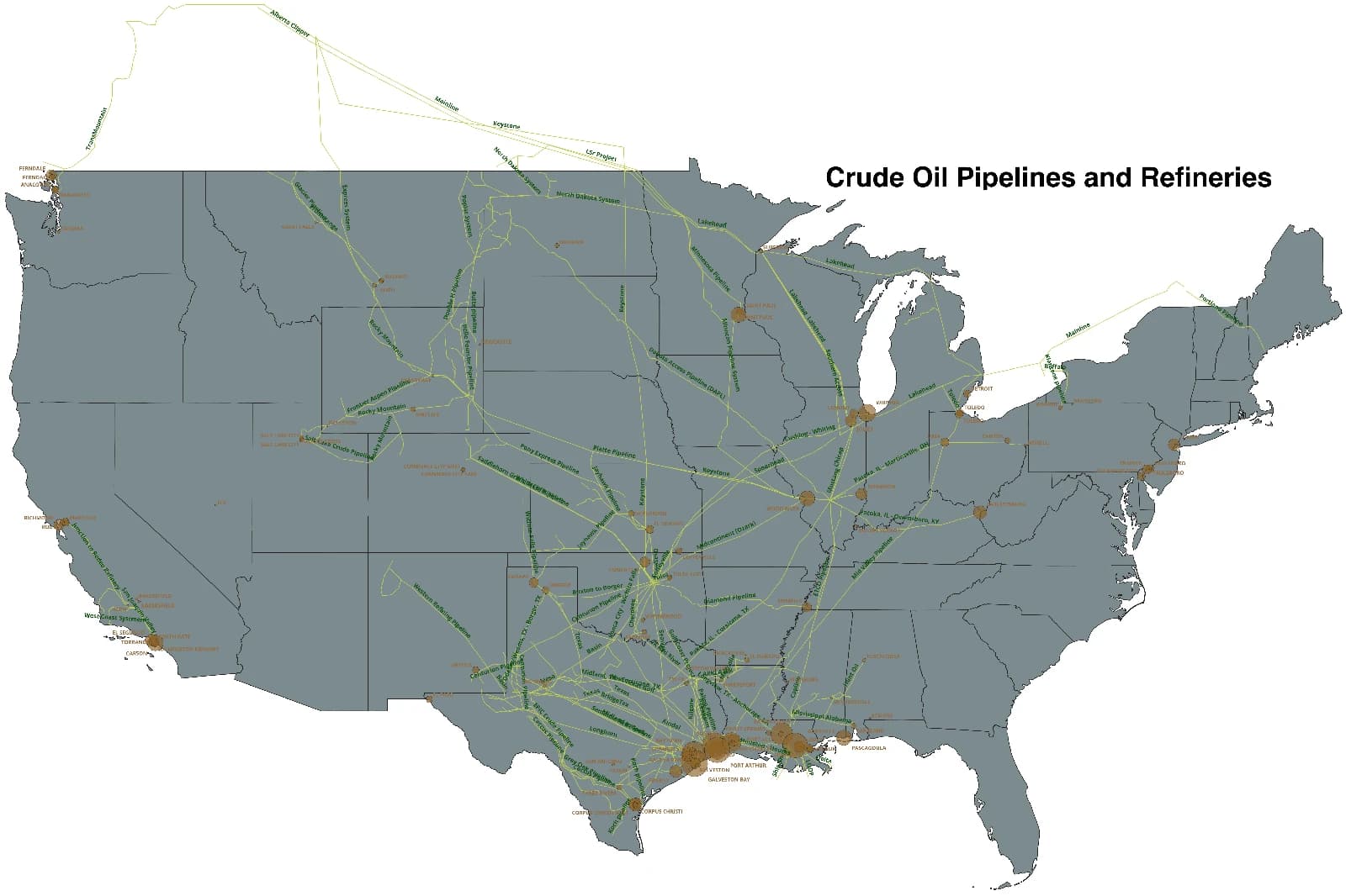 Map of the United States displaying crude oil pipelines and refinery locations.