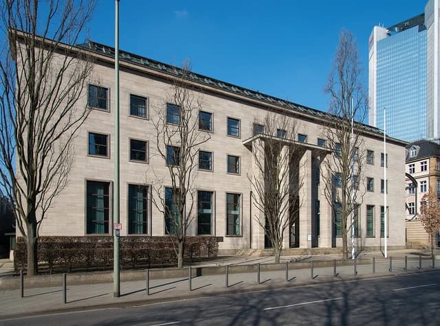 Exterior view of the Bundesbank building in Frankfurt, Germany, on a clear day.
