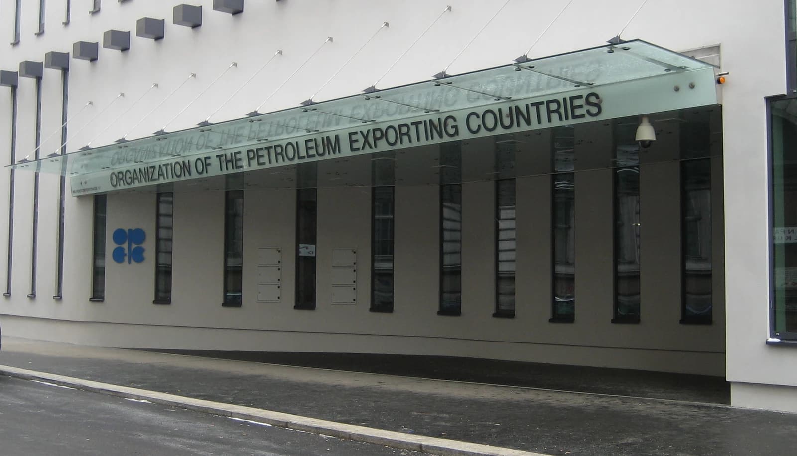 Exterior of the OPEC building, with its name prominently displayed above the entrance.