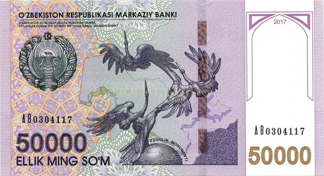 Obverse of a 50,000 Uzbek Som banknote with the Uzbekistan coat of arms.