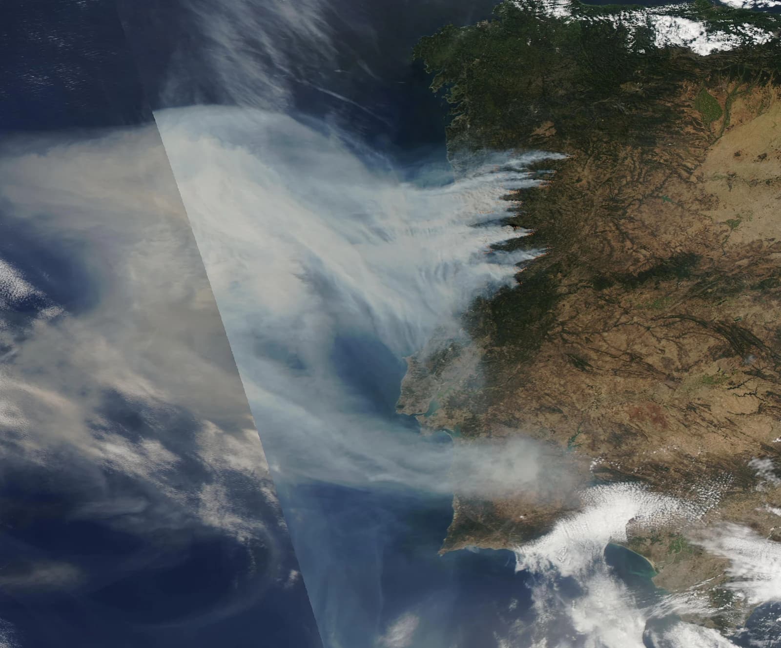 Satellite image showing large plumes of smoke emanating from fires across a landmass next to an ocean.