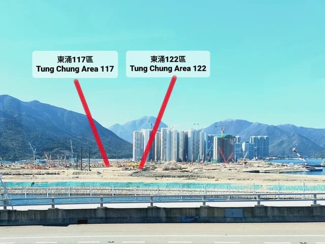 Construction progressing on multiple high-rise buildings in the Tung Chung Area 117 and 122 housing projects.
