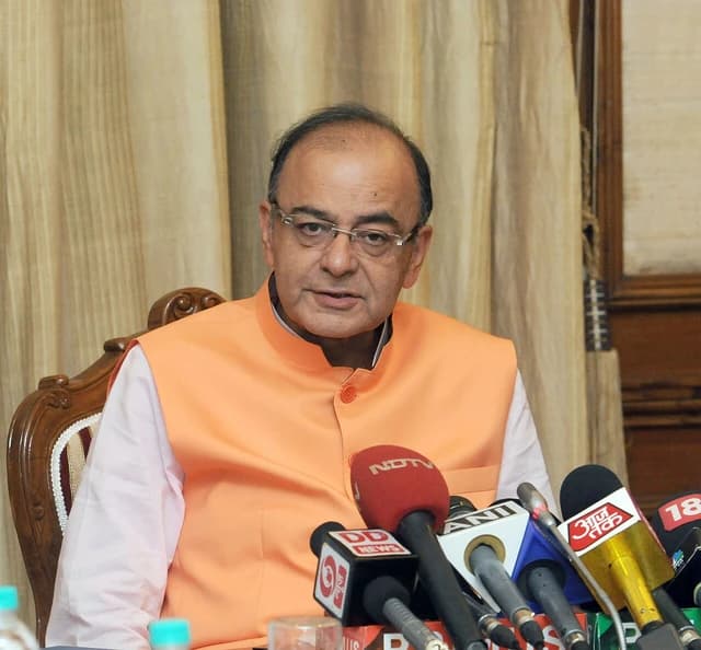 Arun Jaitley, Union Minister, addresses a press conference in New Delhi.