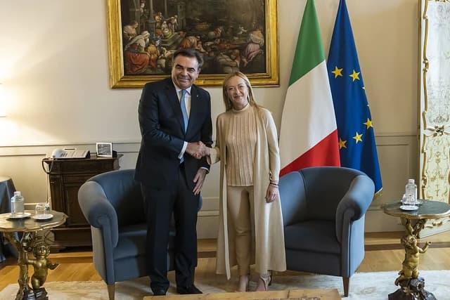 Margaritis Schinas, European Commissioner, shakes hands with Giorgia Meloni, Prime Minister of Italy, in Rome.