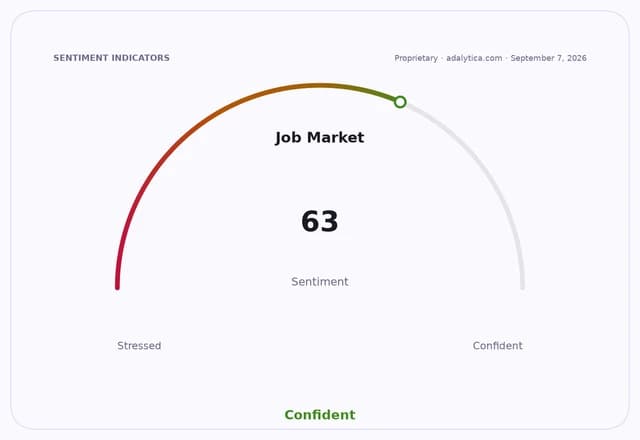 Gauge dial showing 'Job Market' sentiment at 63, indicating a confident outlook.