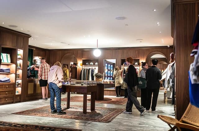 Customers browsing clothing and accessories inside an Aimé Leon Dore retail store.