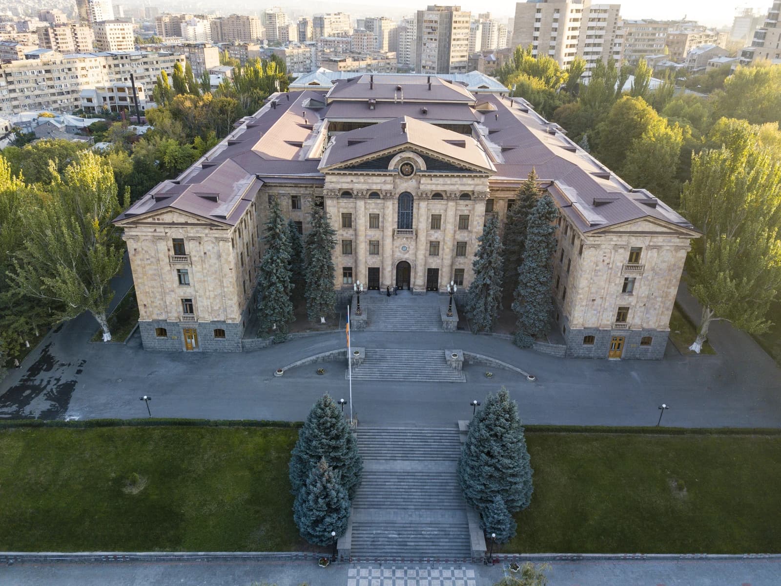 Aerial view of the main building facade of the National Assembly of Armenia.