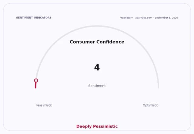 Consumer Confidence sentiment dial showing a reading of 4, labeled 'Deeply Pessimistic'.