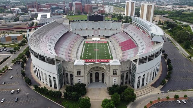 Aerial view of Ohio Stadium in Columbus, Ohio, with the field visible.