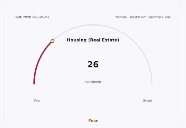 A sentiment gauge dial for Housing (Real Estate) showing a reading of 26, indicating 'Fear'.