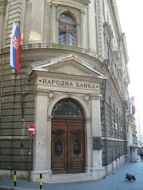 Building of the National Bank of Serbia, featuring an arched entrance and ornate details.