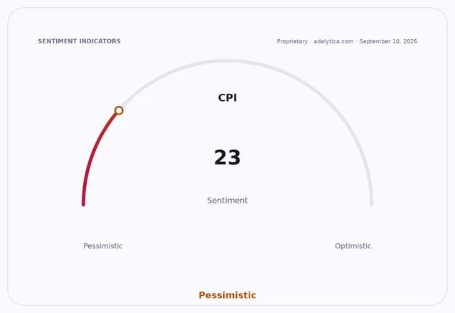 Sentiment gauge dial showing CPI sentiment at 23, deep in the Pessimistic zone.