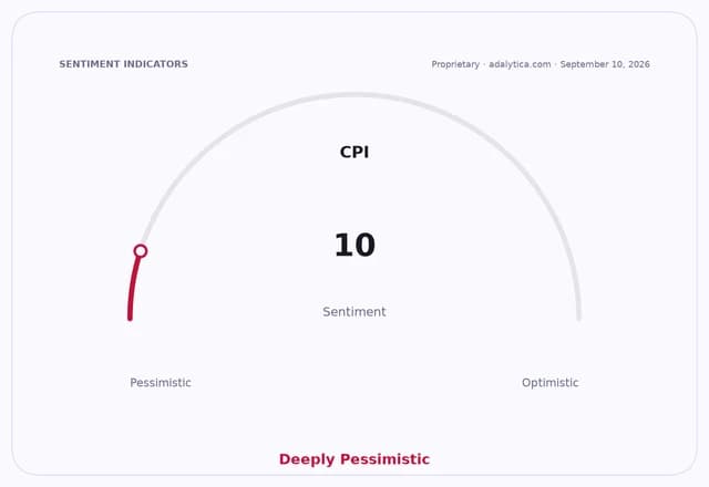 A sentiment gauge dial for CPI pointing to 10, indicating Deeply Pessimistic sentiment.
