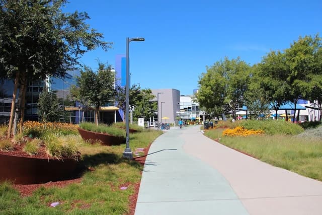 Campus grounds of the Googleplex, Google's corporate headquarters, on a sunny day.