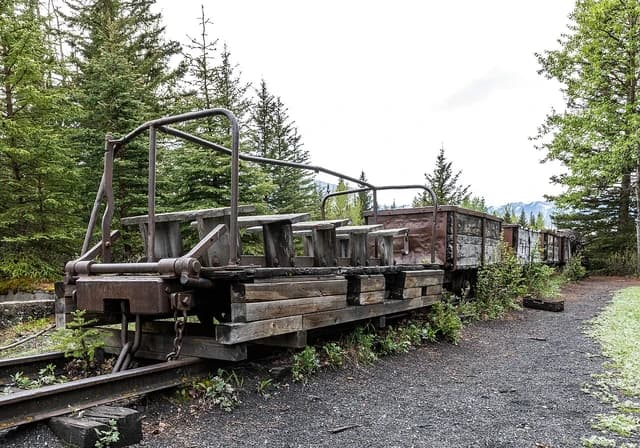 Rusty, wooden coal mine train cars on tracks in a forested area, with mountains in the distance.