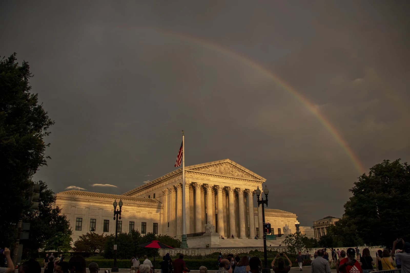 A double rainbow arches over the U.S. Supreme Court building in Washington D.C.