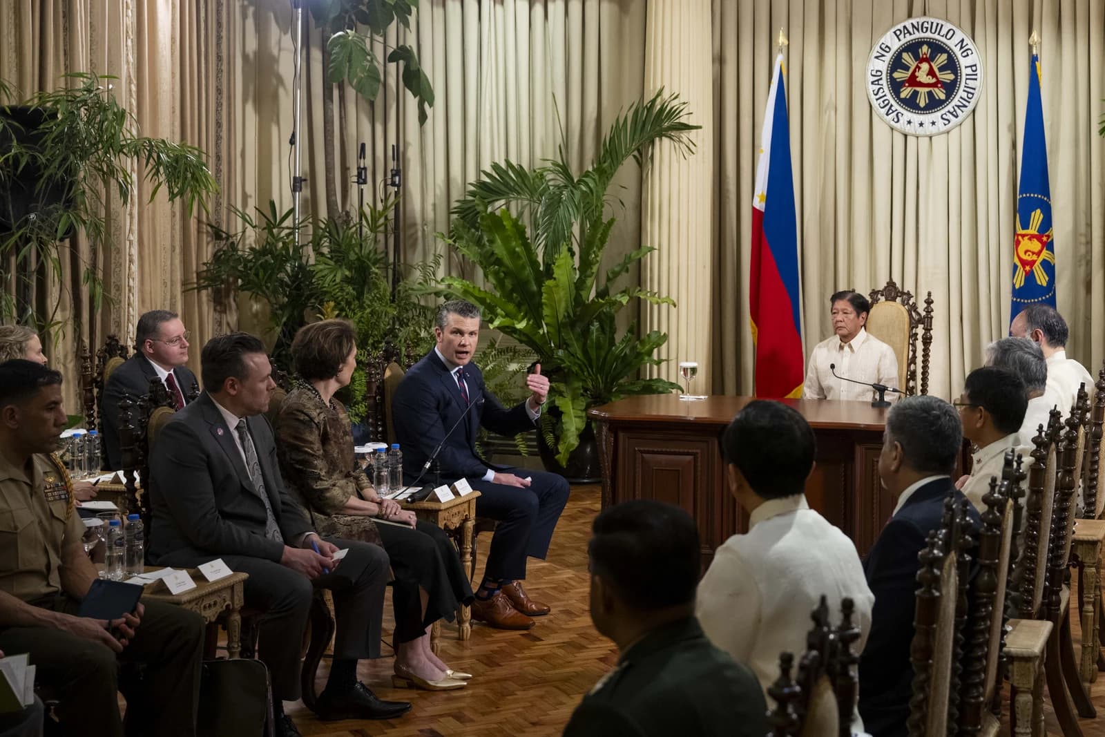 US Secretary of Defense Pete Hegseth speaks during a meeting with Filipino President Bongbong Marcos in Manila.