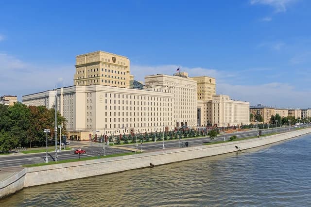 The large, imposing building of the Russian Ministry of Defense in Moscow.