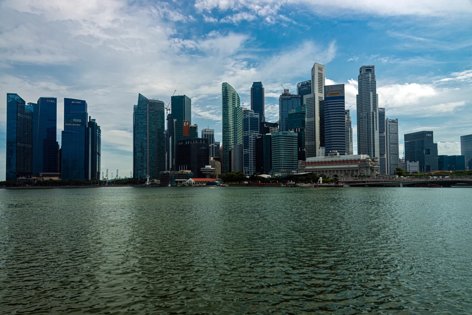 Financial District skyline of Singapore with skyscrapers overlooking Marina Bay.