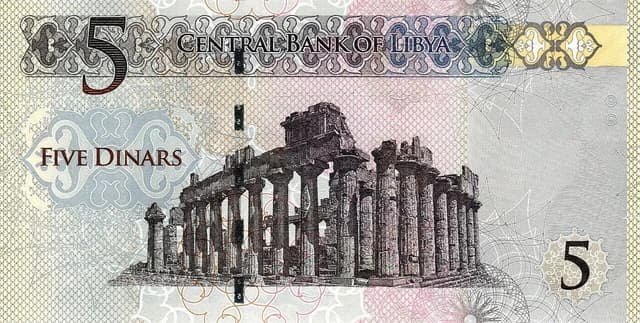 Reverse side of a Libyan 5 dinar banknote, featuring a depiction of the Temple of Zeus at Cyrene.