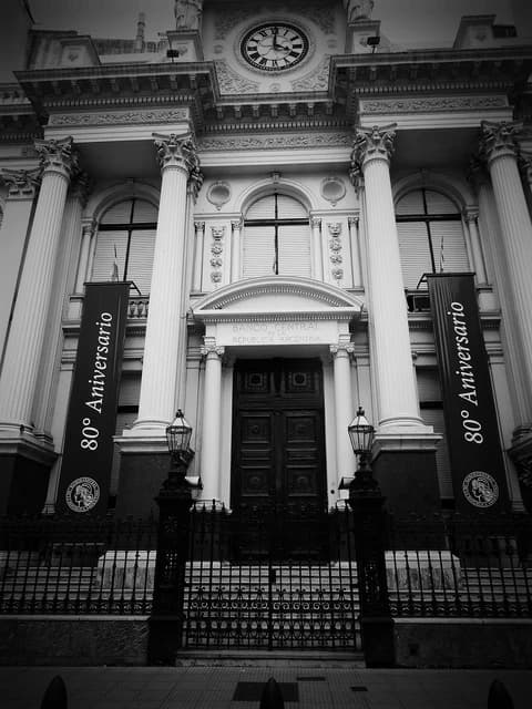 Central Bank of Argentina building with columns and decorative elements in Microcentro, Buenos Aires.