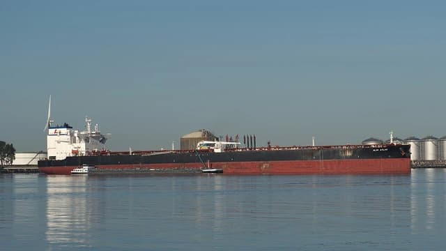Crude oil tanker Almi Atlas docked at the Port of Rotterdam.