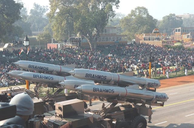 BrahMos supersonic cruise missile system on a mobile launcher during a parade.