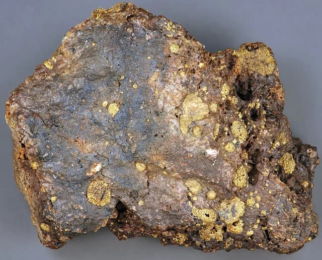 Close-up of roasted gold ore, showing visible gold flakes within the rock.