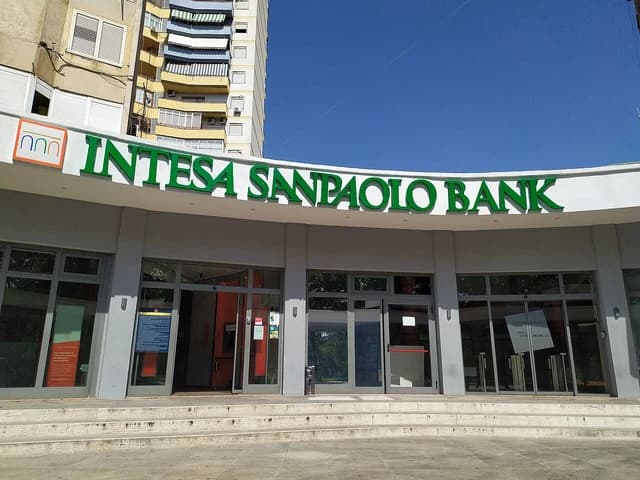 Exterior view of an Intesa Sanpaolo Bank branch located in Tirana, Albania.