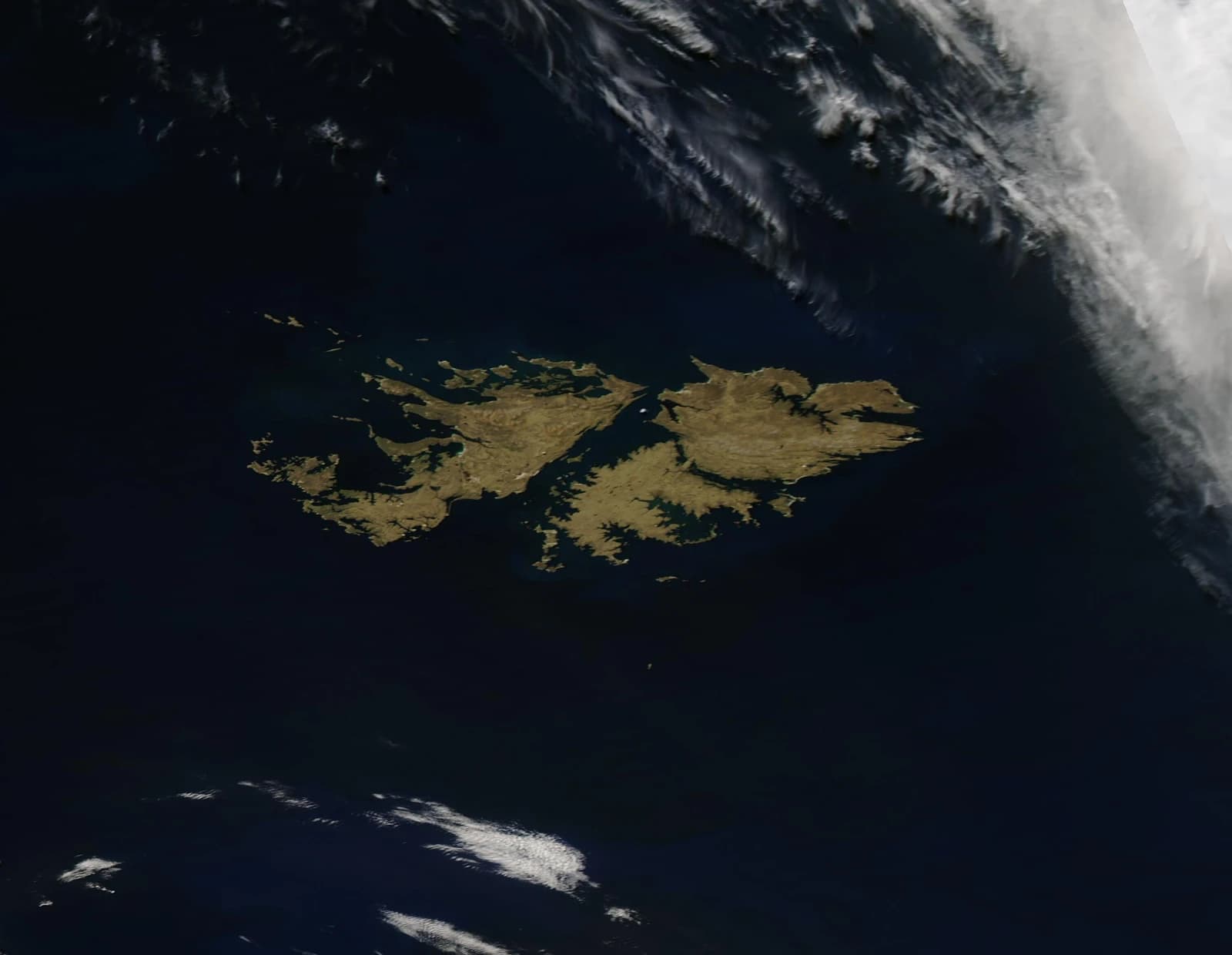 Satellite image of the Falkland Islands (Malvinas) in the South Atlantic Ocean.