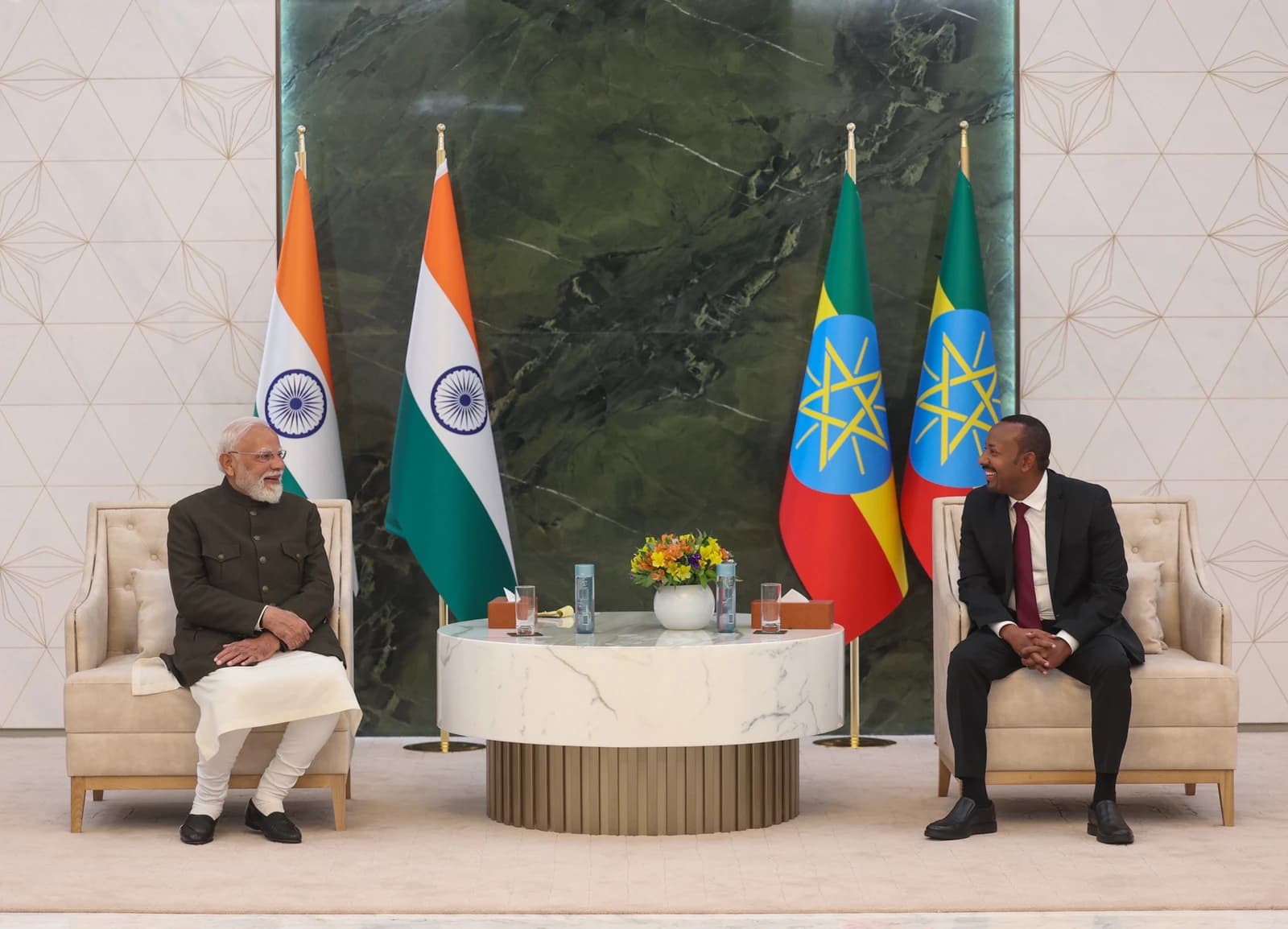 Prime Minister Narendra Modi meets with Prime Minister Abiy Ahmed Ali in Addis Ababa.