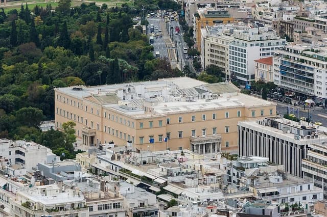 Greek Parliament Building in Athens, Greece, seen from a high vantage point.