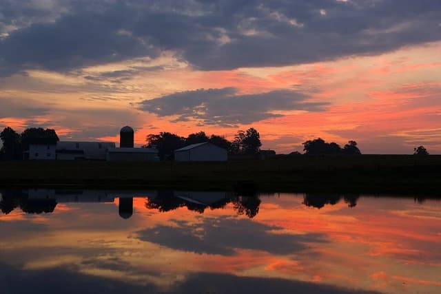 Farm buildings and a silo silhouetted against an orange and purple sunset reflected in a pond.