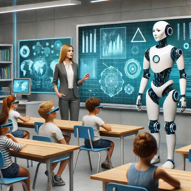 Woman, a robot, and children in a classroom, with the children wearing VR glasses.