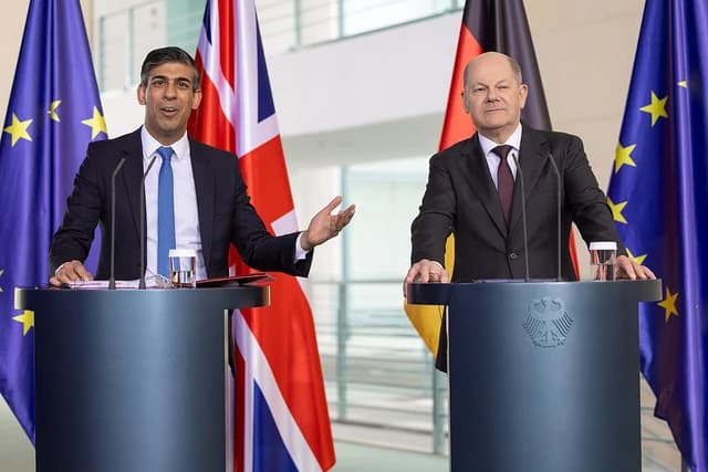 Rishi Sunak, UK Prime Minister, speaking at a press conference with Olaf Scholz.