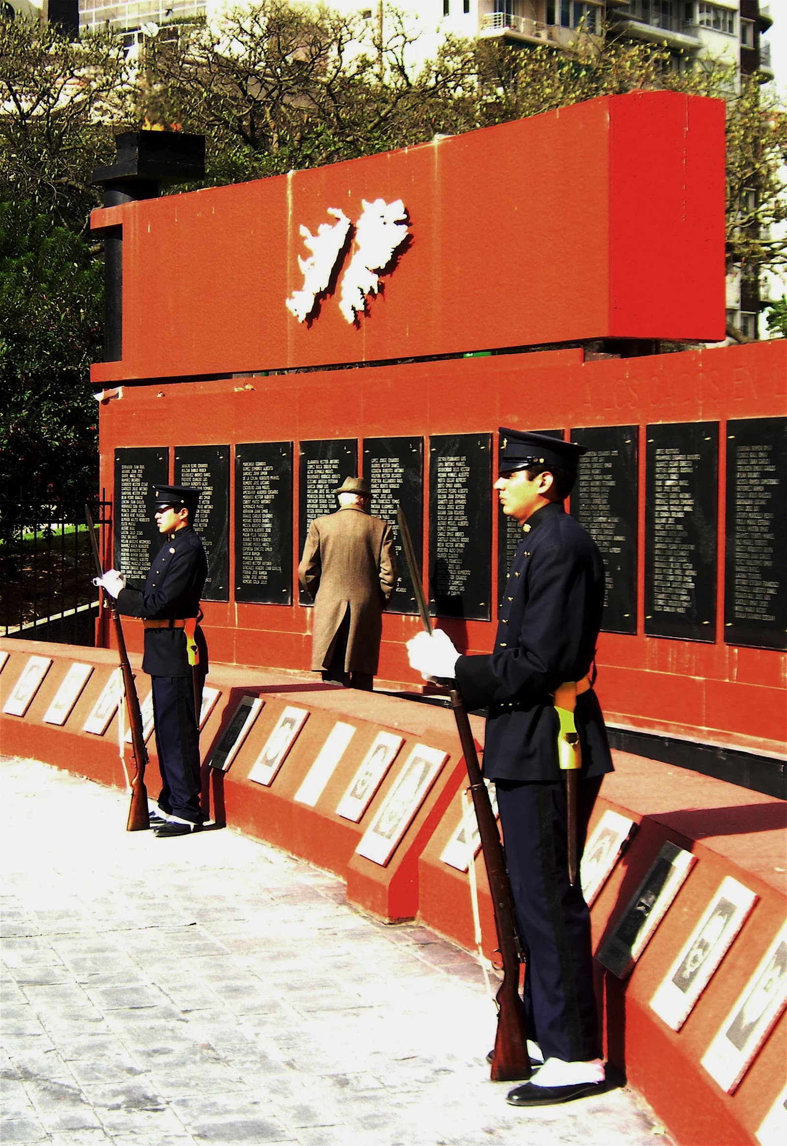 Soldiers stand guard in front of the Monument to the Fallen in Malvinas in Buenos Aires.